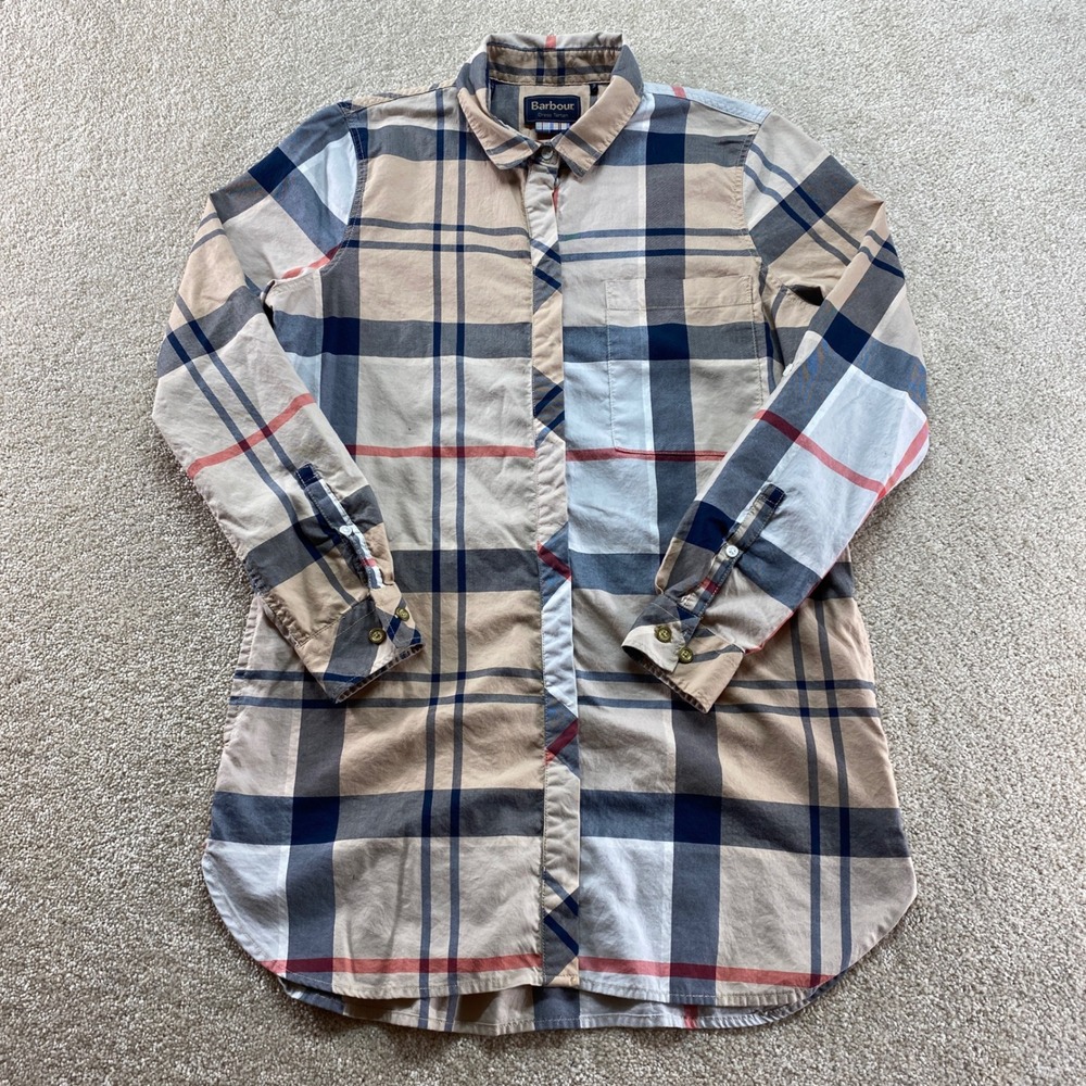 Barbour Balmedie Shirt Womens 4 Tan Blue Dress Tartan Plaid Cotton Lyocell‎ Top
